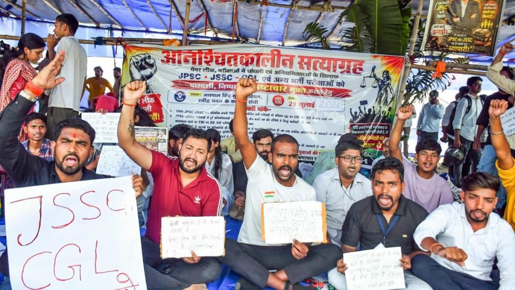 Students gathered at Jaipal Singh Munda Stadium in Ranchi during the ongoing protest over JPSC and JSSC recruitment demands.
