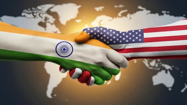 Indian and American flags shaking hands.
